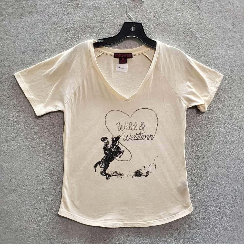 Rock & Roll Cowgirl Women Top Medium Beige T-Shirt Wild & Western Lasso V Neck